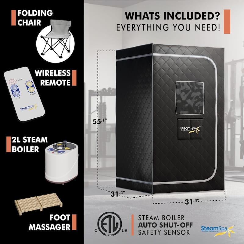 SteamSpa Portable 1-Person 900 Watt Home Steam Sauna with Digital Controller, Black