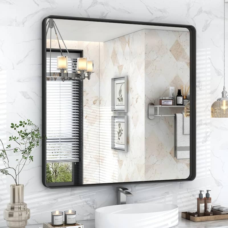 Aluminum alloy Framed Tempered Glass Wall Bathroom Vanity Mirror - 36" x 36" - Black