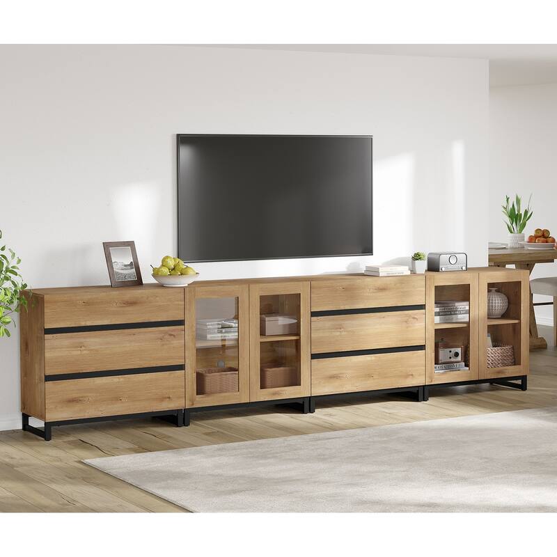 4 in 1 TV Stand for 120" TVs, Console with Glass Doors & 6 Drawers, Entertainment Center - 126 inches - Oak