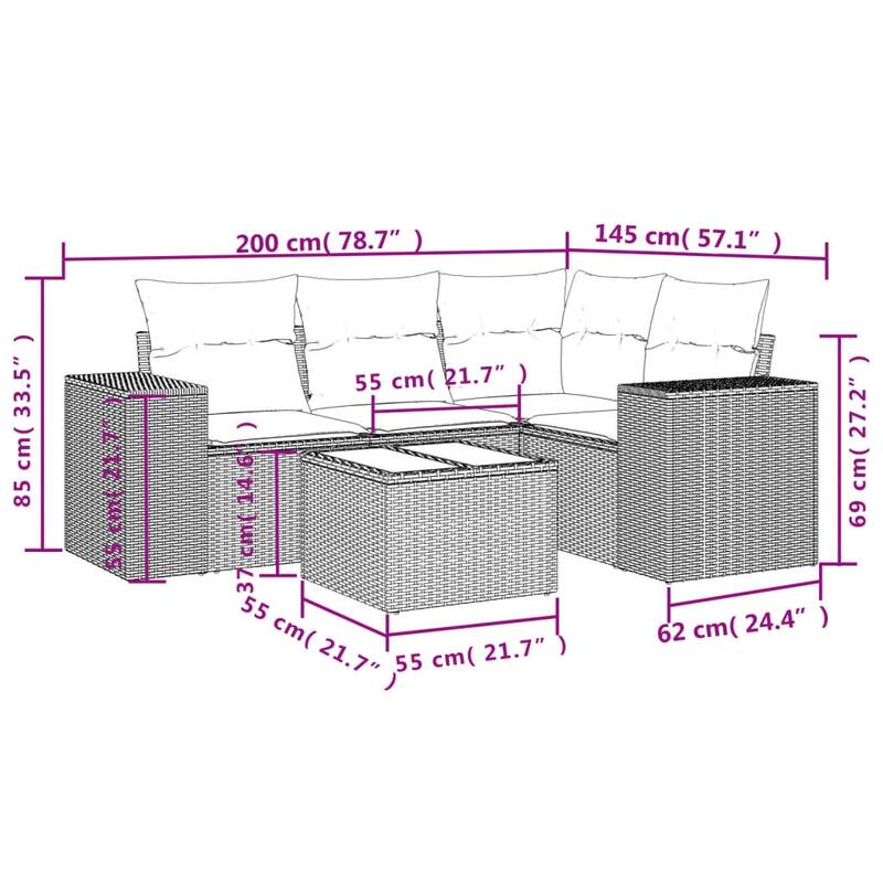 vidaXL 4 Piece Patio Sofa Set with Cushions Grey Poly Rattan - 24.4" x 24.4" x 27.2"