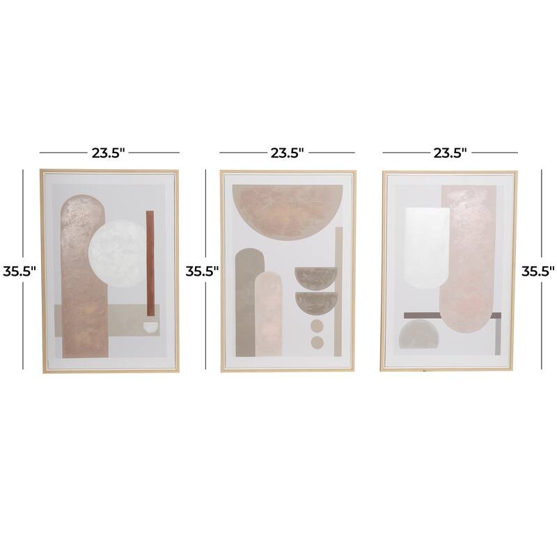 Pink Canvas Mid Century Modern Geometric Abstract Framed Wall Art with Brown Accents (Set of 3)