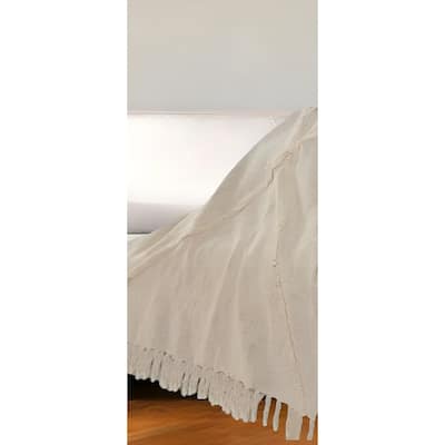HomeRoots 60" X 50" Cream Woven Cotton Throw Blanket with Fringe