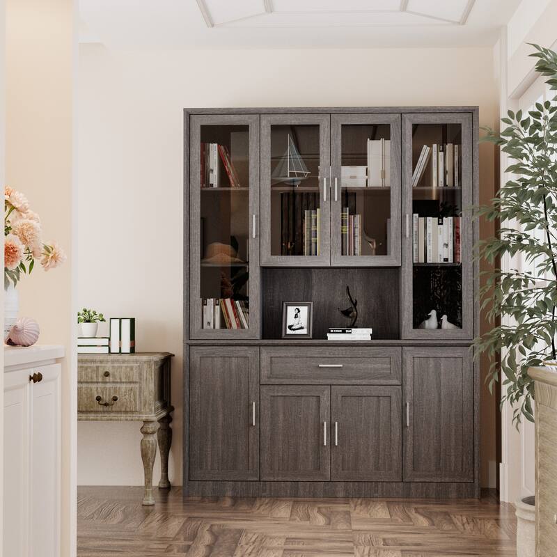 Modular Glass Door Bookcase Wall Unit with Storage Cabinets and Drawers, Dark Oak Display Hutch for Living Room or Home Office