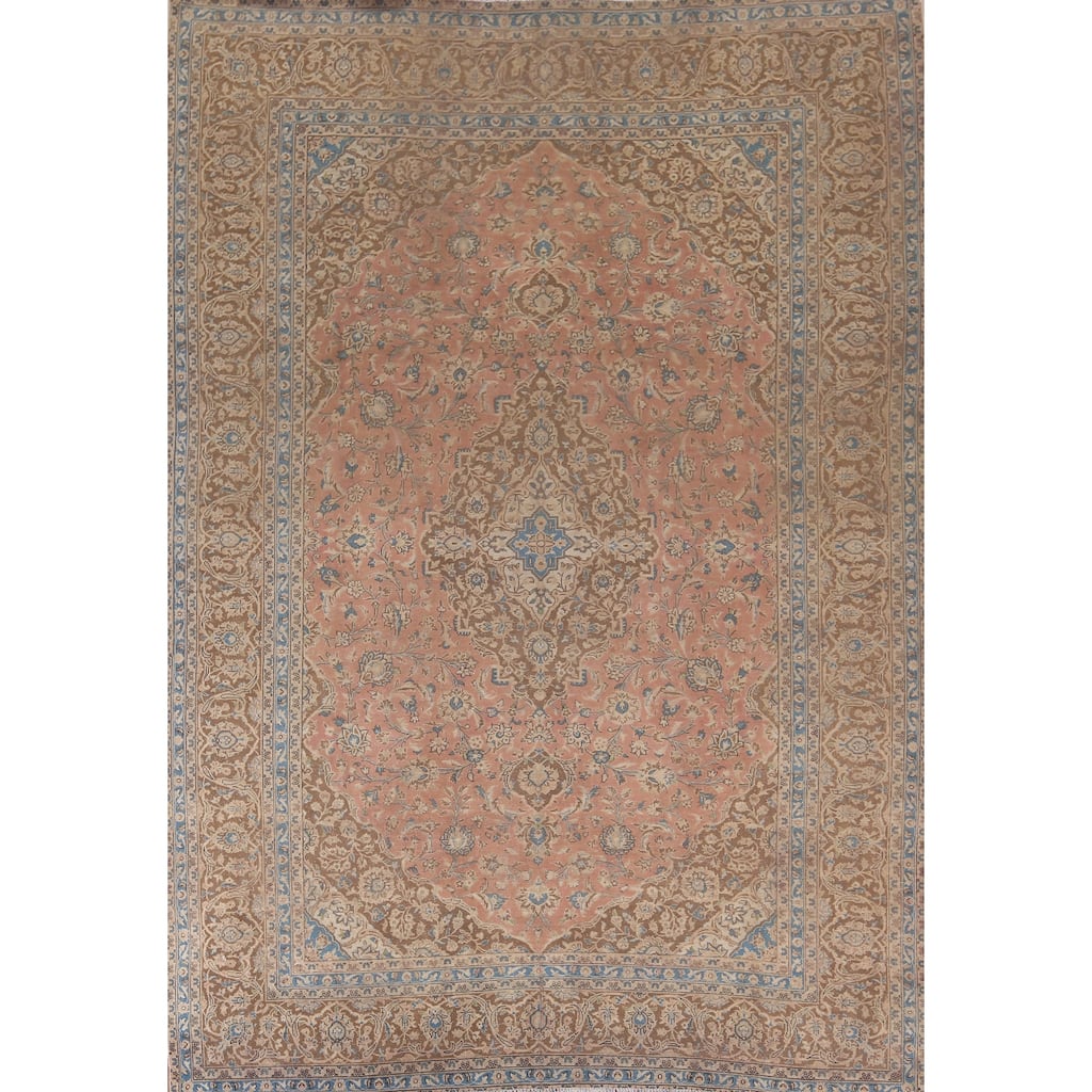 Distressed Mashad Persian Vintage Rug Hand-Knotted Pink Wool Carpet - 9'7"x 12'10"