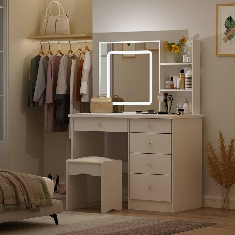 39.4"Wide Makeup Vanity Set with Stool and 3 Color Touching Mirror - 39.4"W