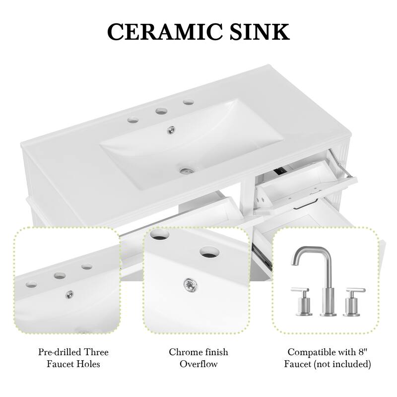 36-Inch Bathroom Vanity with Ceramic Sink Top, Solid Wood Frame and MDF Cabinet,with Adjustable Shelf and Metal Handles