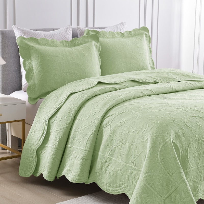 MarCielo 3-Piece Elegantly Embroidered 100% Cotton Oversized Quilt Bedspread Set TX