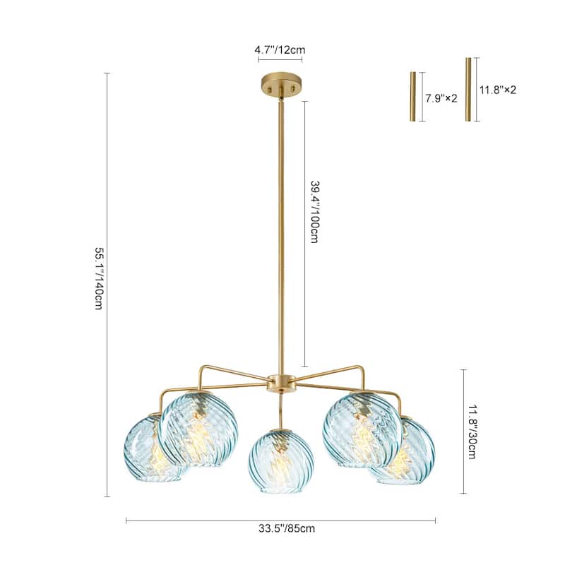 5-Light Blue Swirled Glass Globe Bubble Round Chandelier 35in