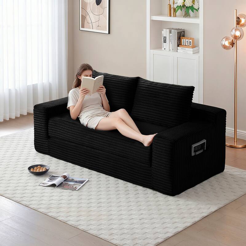 Memory Foam Cloud Loveseat Sofa, 2 in 1 Convertible Folding Couch Bed, No Assembly Compressed Corduroy Floor Lounge Sofa