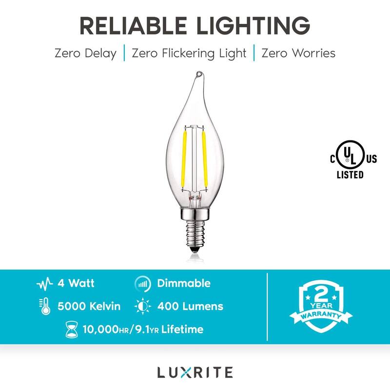 Luxrite 4W Vintage Candelabra LED Bulbs Dimmable, 400 Lumens, 40W Equivalent, Flame Tip Clear Glass, E12 Base (6 Pack)
