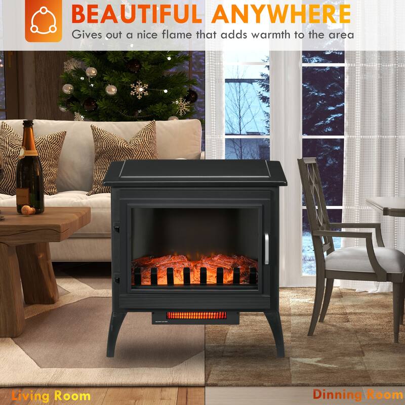 24" Electric Fireplace Heater with Adjustable Temperature, Realistic Log Flame, and Safety Features, 1000W/1500W