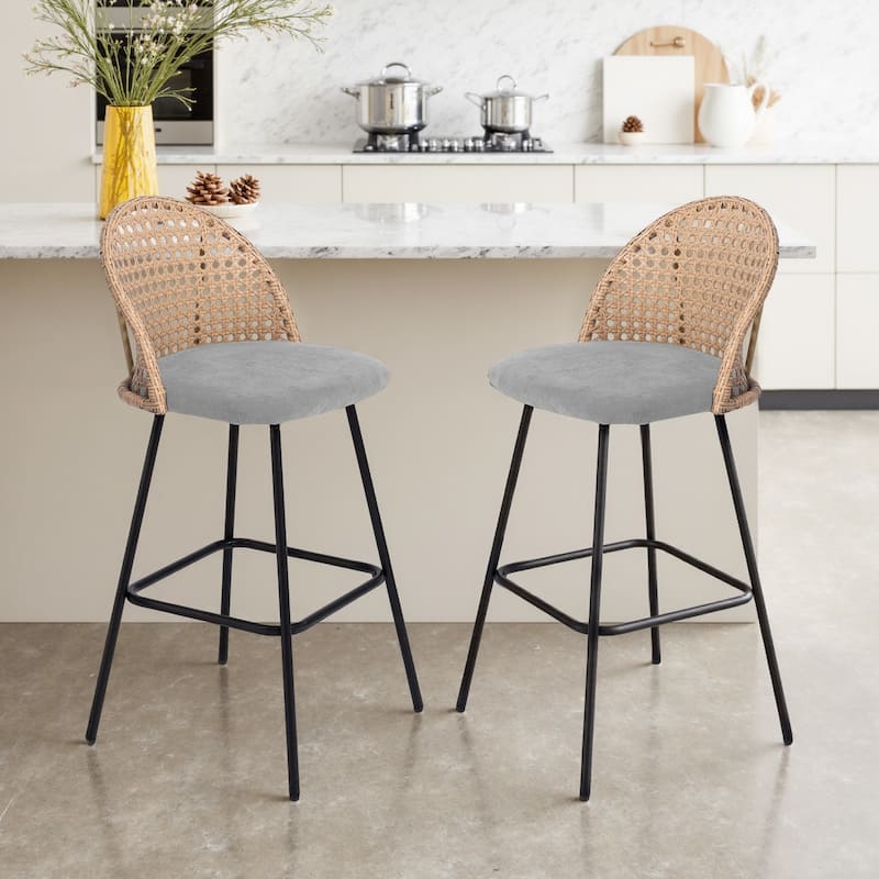 2 Set Rattan 27" Upholstered Chenille Full Back Counter Stool
