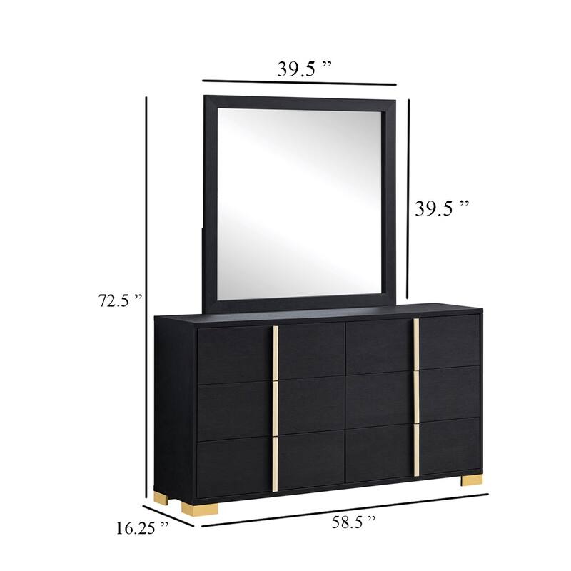 Dex Wide 6 Drawer Dresser with Mirror, Contemporary Gold Metal, Black
