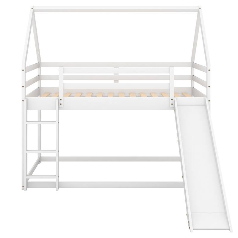 Twin Over Twin House Shape Bunk Bed with Ladder & Slide, Kids Playhouse Bed, Wooden Bunk Beds Frame with Full-Length Guardrails