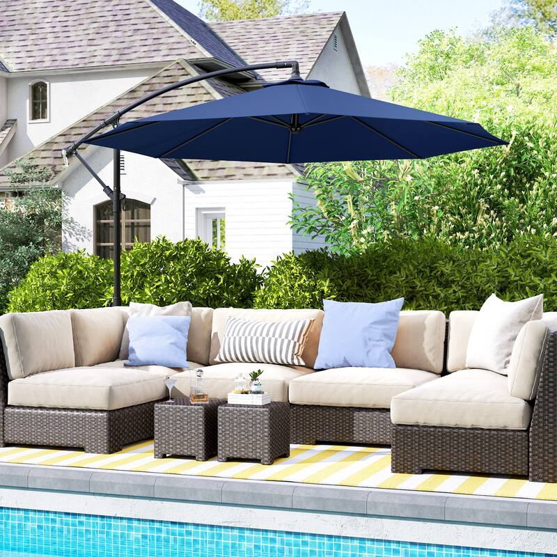 10ft UV and Water-Resistant Polyester Fabric Offset Patio Umbrella with Adjustable Crank and Stable Base - Dia.116.1" x 98.4"H