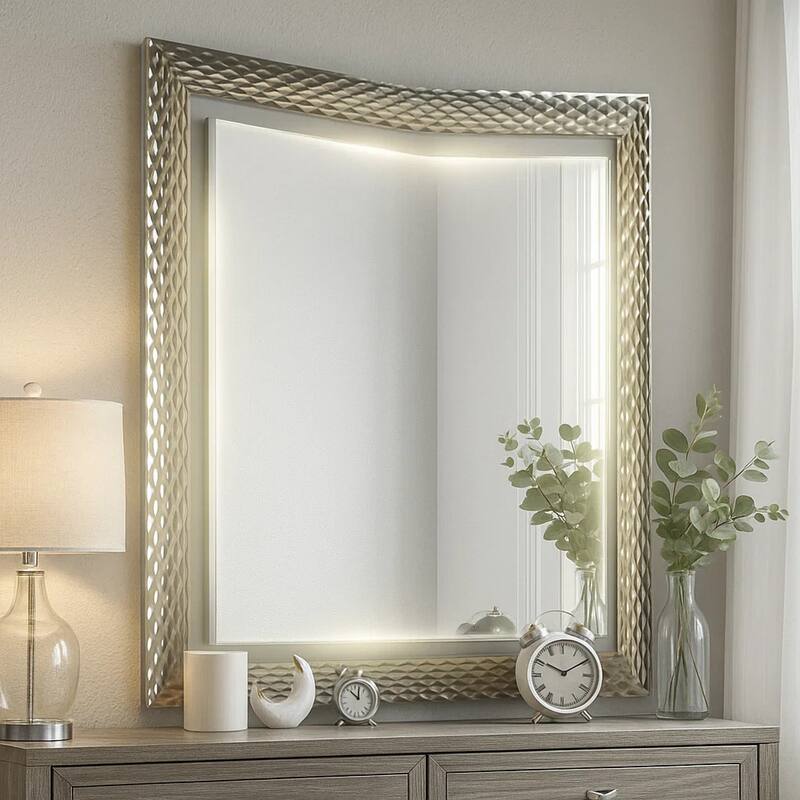 Vino 41 x 44 Dresser Mirror w LED, Glam Gray Wood, Silver Trim - Gray, Nickel