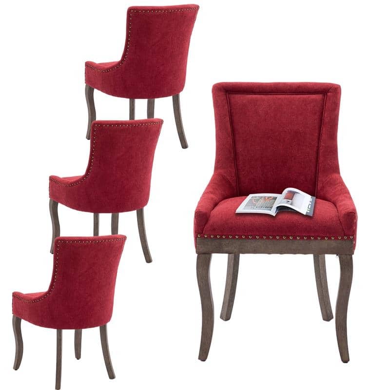 Thickened Side Dining Chair with Solid Wood Legs Set of 6 - Set of 4 - Wine