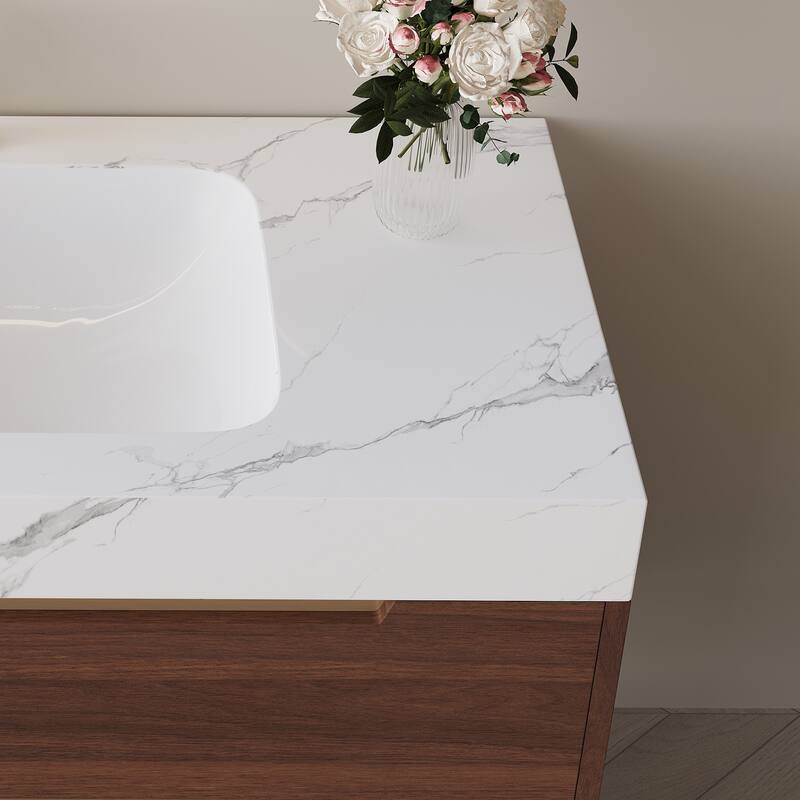 Freestanding/Wall-Mounted Bathroom Vanity with Sink, 4 Storage Drawers, Waterproof Solid Wood Frame and Detachable Iron Legs