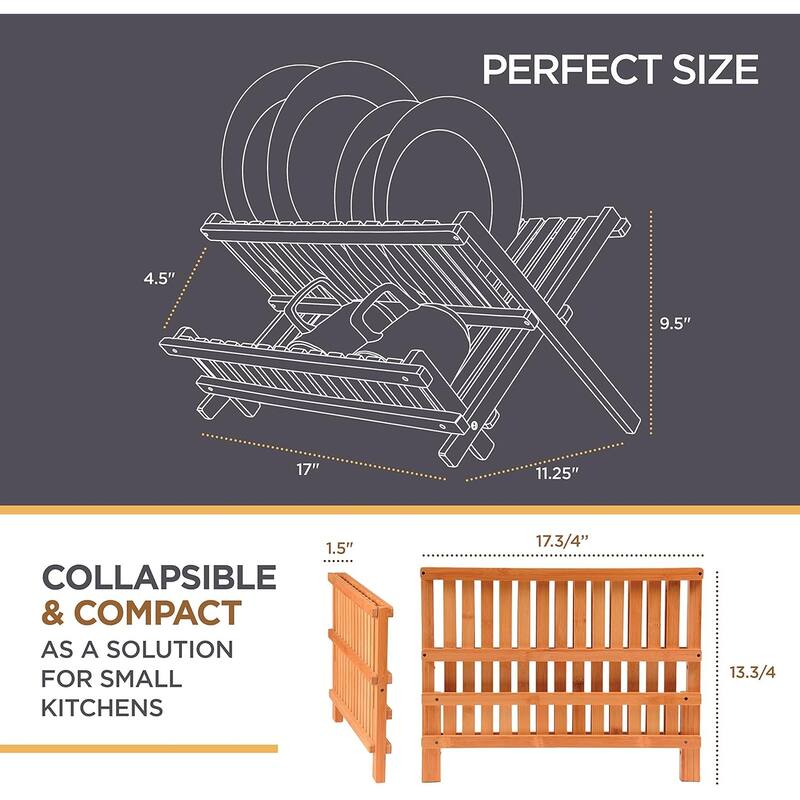 Bamboo Dish Drying Rack - Collapsible 2-Tier Dish Drainer Kitchen Plate Rack - Foldable & Compact for Space-Saving Storage