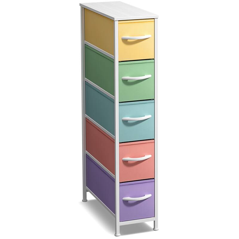 Sorbus Narrow Dresser with 5 Drawers - Vertical Slim Storage Chest of Drawers with Steel Frame, Wood Top & Easy Pull Fabric Bins - Pastel