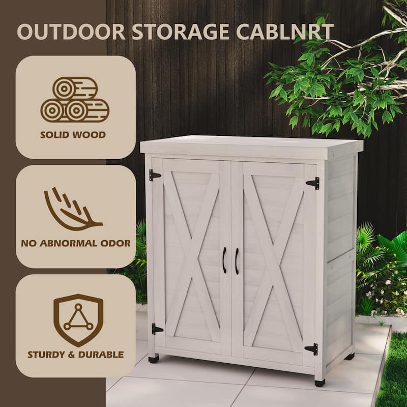 Potting Bench with Storage Cabinet and Metal Table Top for Outdoor Patio