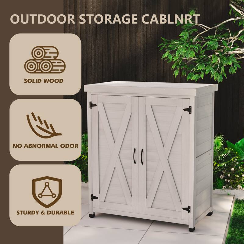 Wooden Patio Furniture with Metal-Tabletop, Potting Bench with Storage Cabinet, Outdoor Patio Storage Cabinet with Shelves