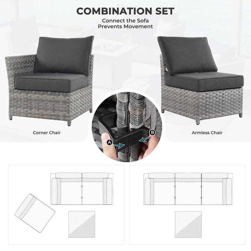 HOOOWOOO 10-piece Wicker Rattan Patio Furniture Sectional Set with Fire Pit
