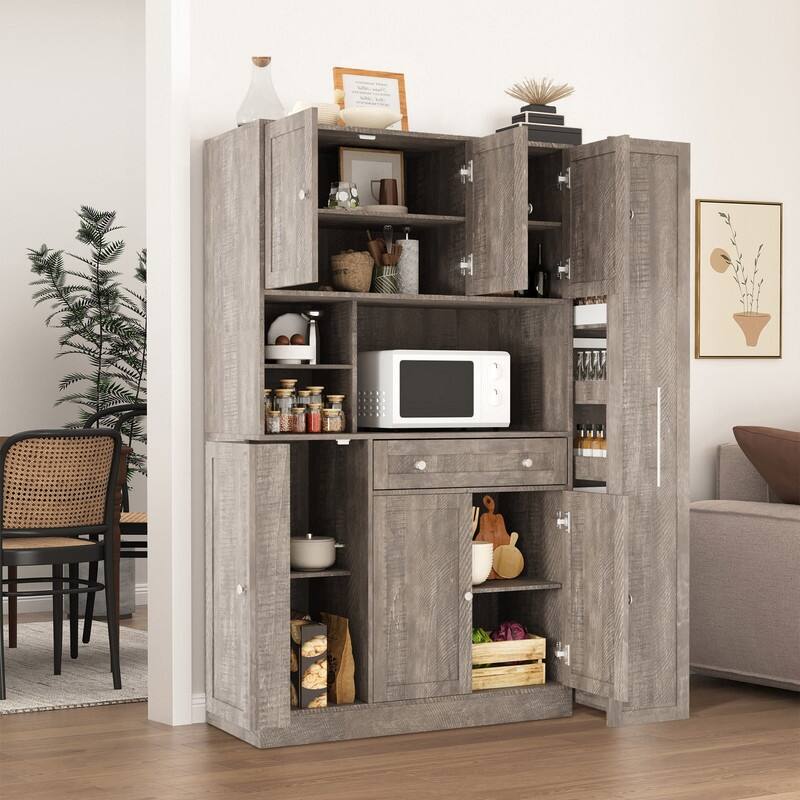 Large Kitchen Pantry Storage Cabinet Cupboard, Buffet with Hutch and Pull-Out Side Cabinet for Enhanced Kitchen Organization