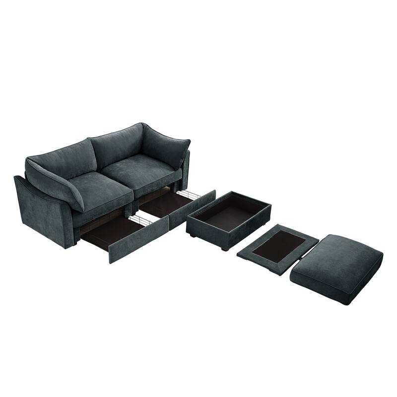 2-Seater Loveseat with 1 Movable Ottoman & Pull out Storage Drawer Under Seat