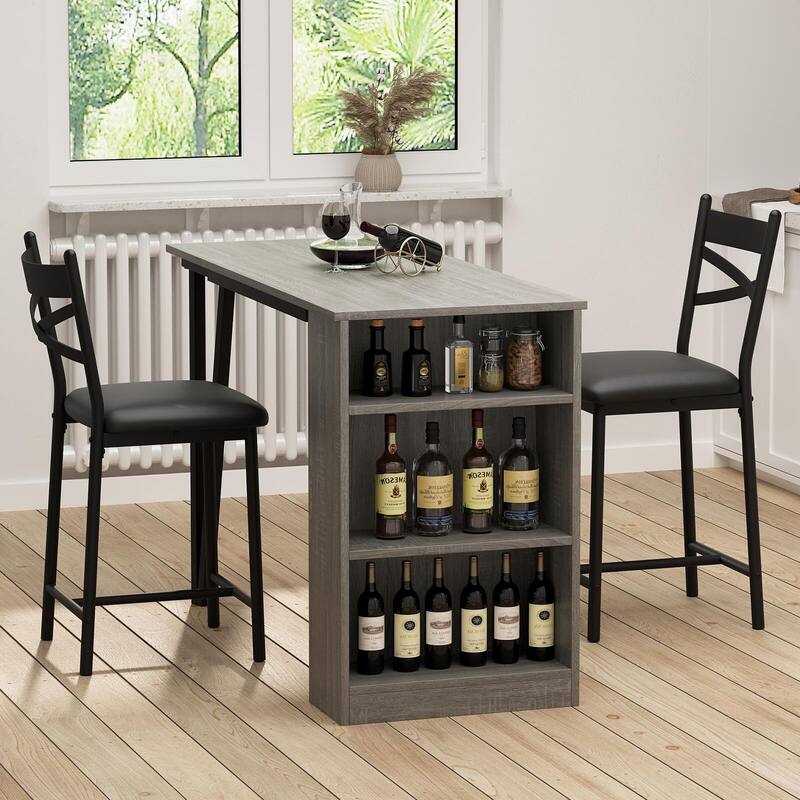 3-Piece 36in Wooden Counter Height Dining Table Set for Kitchen, Bar Table and Chairs