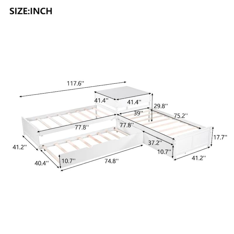 L-shaped Platform Bed with Trundle and Drawers Linked with built-in Desk