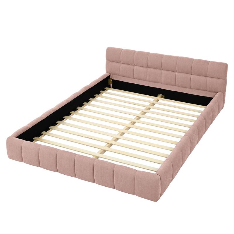Roomfitters Queen Upholstered Chenille Fabric Platform Bed with Headboard, Low Profile Solid Frame, No Box Spring Needed