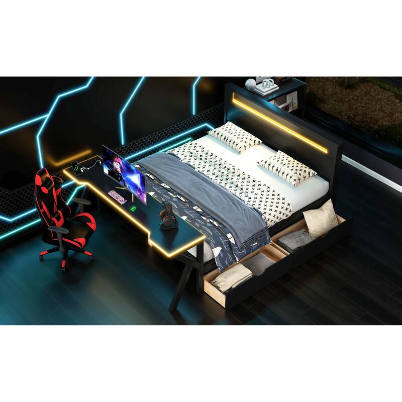 Roomfitters Twin/Full Wooden Gaming Platform Bed with LED Headboard, Desk and Drawers, Black