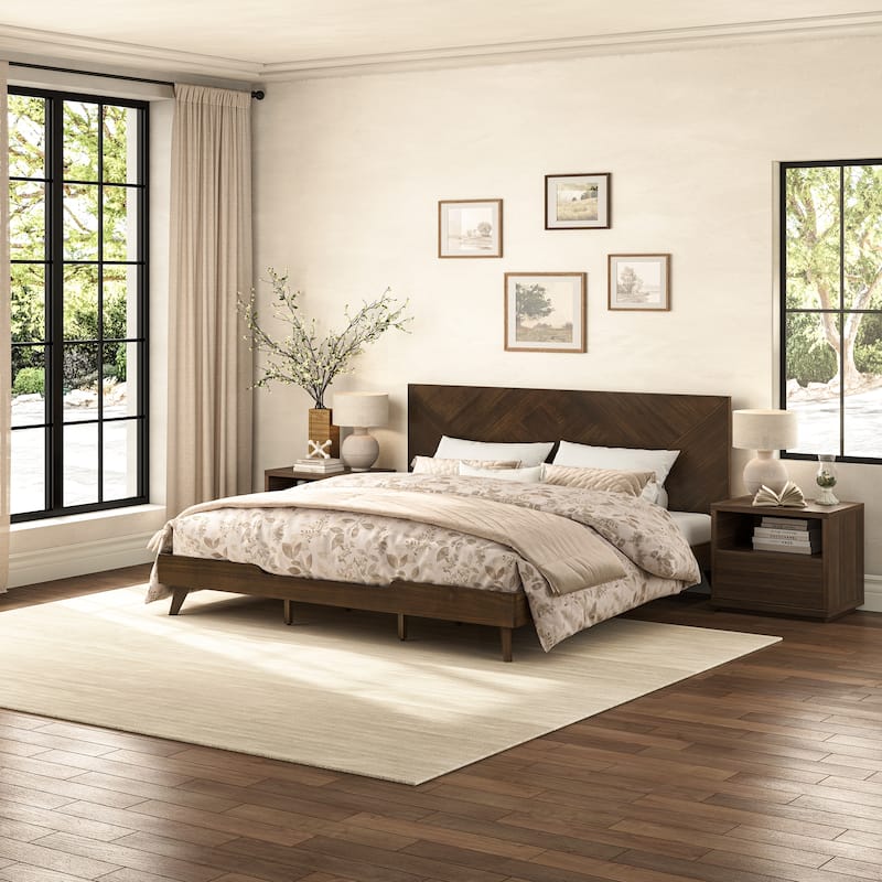 Solid Wood Panel Platform Bed with Headboard
