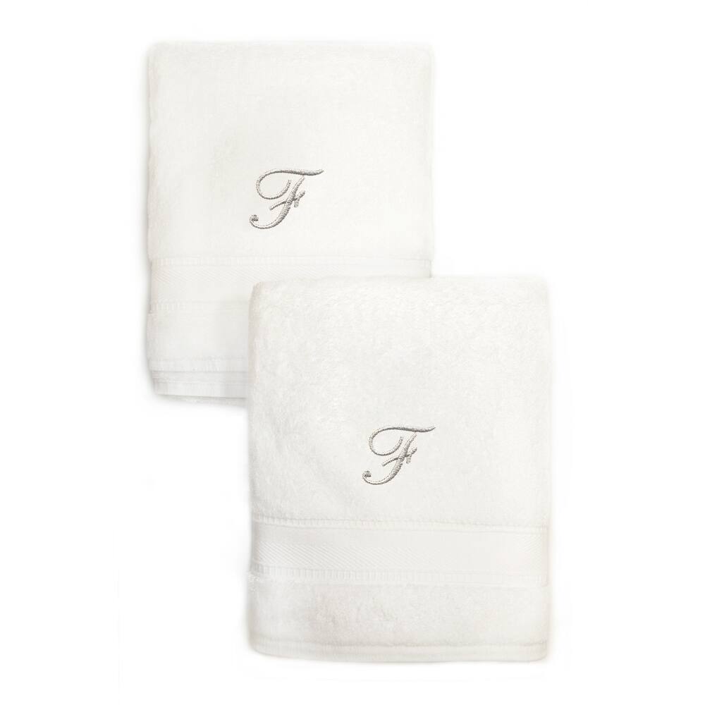 Authentic Hotel and Spa 2-piece White Turkish Cotton Hand Towels with Silver Script Monogrammed Initial