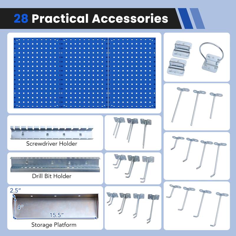 Gymax 3 Pcs Pegboard Wall Organizer w/ 25 Hooks Drill Bit Holder