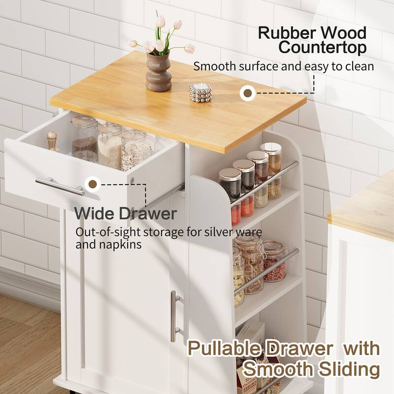 Rolling Kitchen Island with Storage Cabinet & Spice Rack & Drawer – Rubber Wood Top