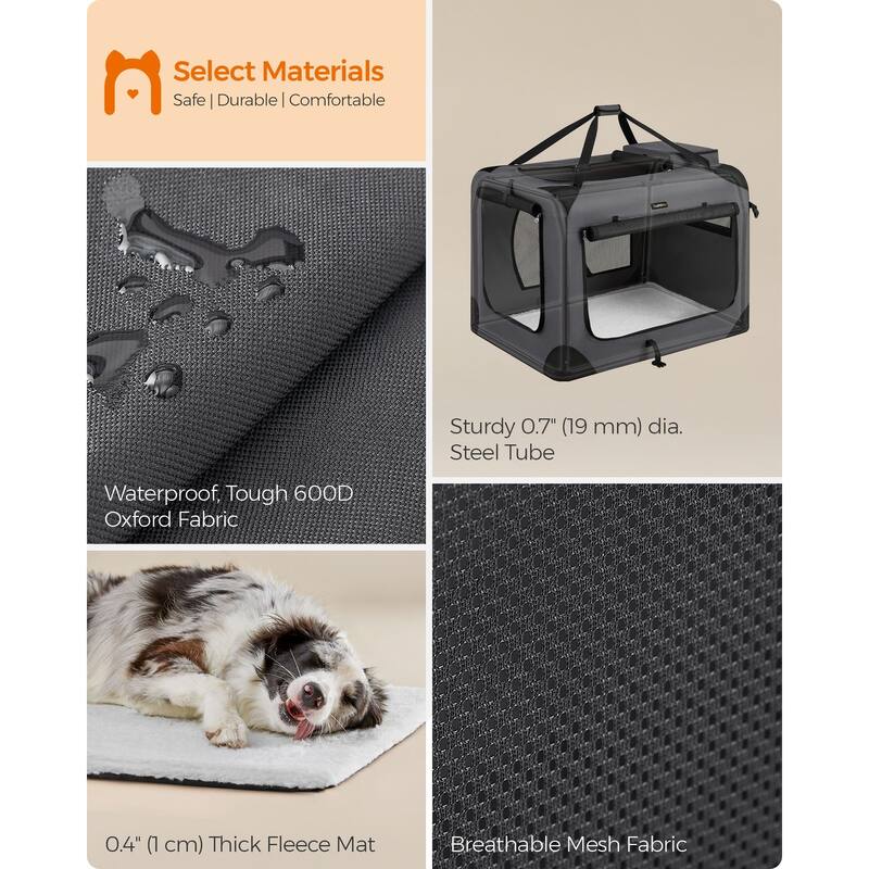 Collapsible Pet Carrier, Oxford Fabric, Mesh, Metal Frame, With Handle, Storage Pockets