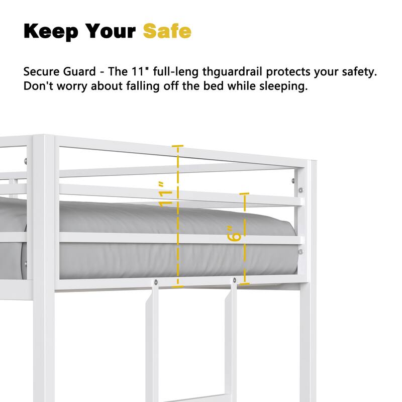 Twin-over-Twin Metal Bunk Bed with Guardrails, Stable Ladder and No Box Spring Needed