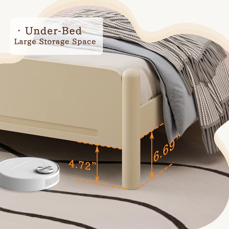 Queen Size Wood Platform Bed with Headboard, Solid Wood Legs, No Box Spring Needed, Beige