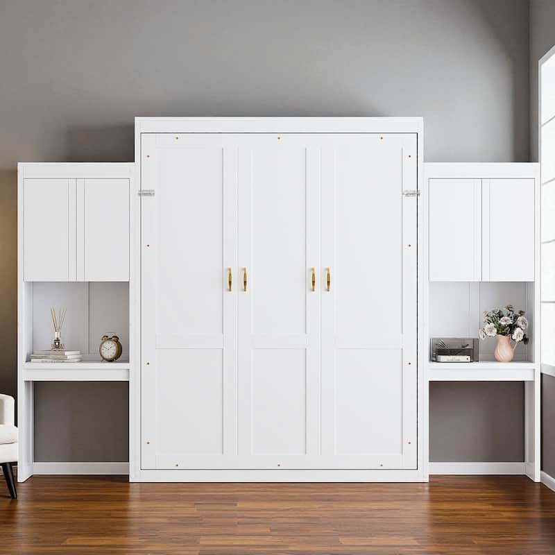 Queen Size Murphy Bed with Desk, Flip-Up Vanity & Cabinets, Space-Saving Wall Bed with Storage for Bedroom & Guest Room - White - Queen