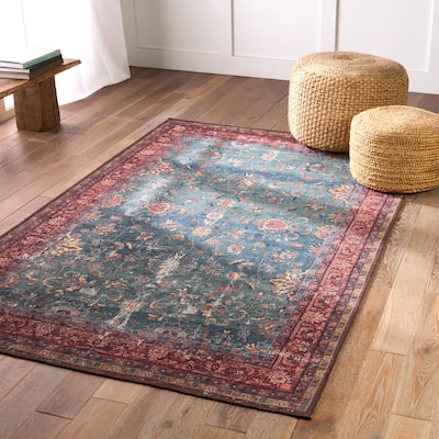 Machine Washable Kate Lester + Jaipur Living Yasha Floral Blue and Red Area Rug