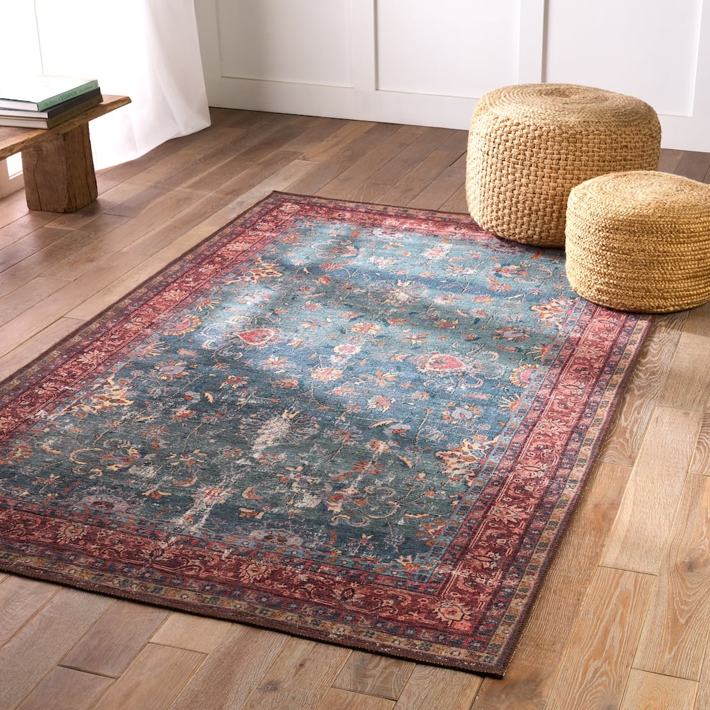 Machine Washable Kate Lester + Jaipur Living Yasha Floral Blue and Red Area Rug