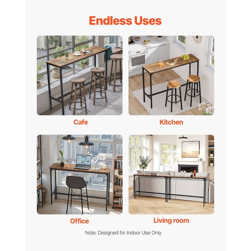 Modern 55” Rustic Brown Bar Height Pub Table with Footrest and Metal Frame for Dining Room or Coffee Shop - 55”L x 15”W x 39”H