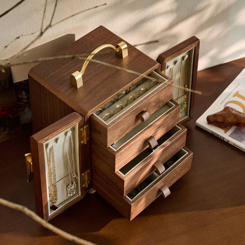 Handcrafted Black Walnut Wooden with Velvet Interior Jewelry Organizer - Ideal for Rings, Earrings & Bracelets