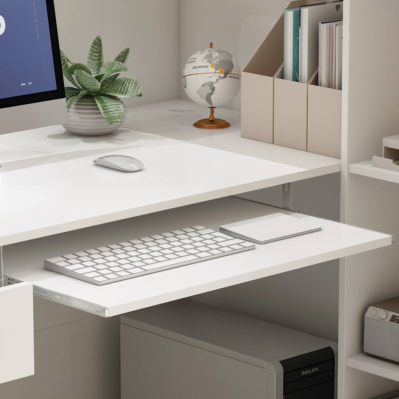 Timechee 55.1"W LShape Wood Reception Desk Computer Desk Keyboard Tray