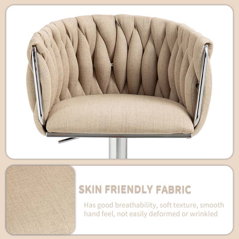 360° Swivel Fabric Cover Bar Stools Set of 2, Adjustable Height Bar Accent Chairs with Woven Back and Silver Chromed Base