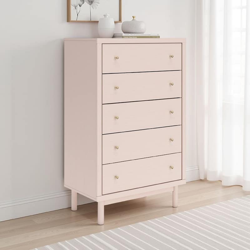 Viso Tall Dresser Chest, 5 Drawers, Champagne, Retro Blush Pink Finish