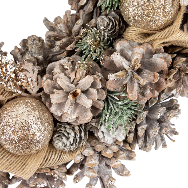 Green Pine Burlap Bows Artificial Glitter Christmas Wreath 13.75"