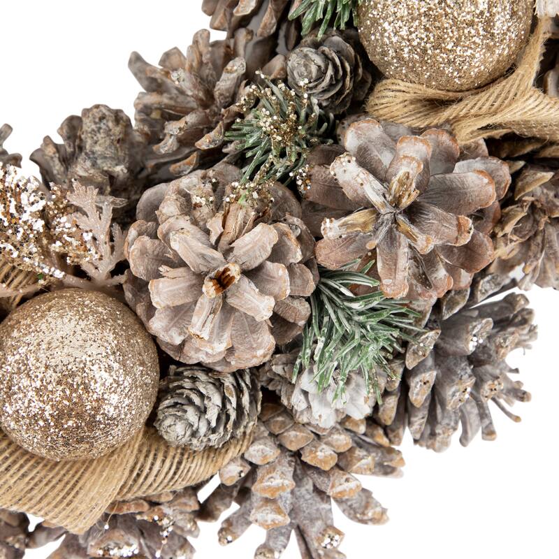Green Pine and Burlap Bows Artificial Glitter Christmas Wreath 13.75-Inch Unlit - 13.75"